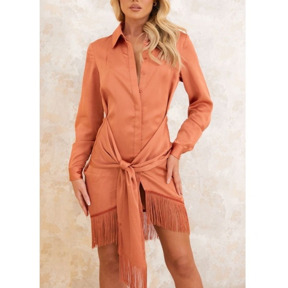 PrettyLittleThings Women's Rust Satin Drape Detail Tassel Hem Shirt Dress Size 4